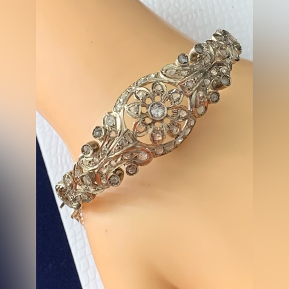Antique Accessories - Antique Old Mine Cut diamond  royal bracelet in 14k White Gold & silver - 7”